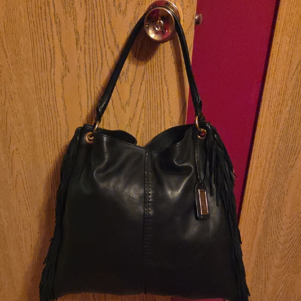 Badgley Mischka Black Leather Satchel with Fringe